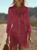 SHENGPALAE Women Dress Mini Long Sleeve Faux Suede Fringe Western Slim Zip Pocket Autumn 2026 New 05E03783