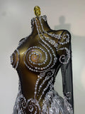 Sparkly Rhinestones Sequins Fringes Birthday Celebrate Evening Dress Women Sexy Mesh Transparent Dance Costume Photo Shoot Wear