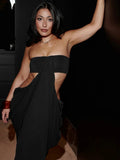 Elegant Hollow Dress Women Solid Patchwork Sleeveless Backless Ruched Stretch Gown Midnight Prom Party Long Bodycon