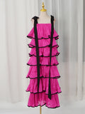 Hit Color Ruffles Cake Maxi Dress for Women Square Collar Off The Shoulder Spliced Bow Evening Temperament Dresses Female
