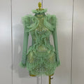 Sexy Mesh Ruffled Sparkly Rhinestones Long Sleeves See Through Mini Dress Women Eveing Party Birthday Dance Nightclub Stage Wear