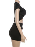 Weird Puss Faux Leather Patchwork 2 Piece Set Woman o-Neck Short Sleeve Crop Tops+Skinny Mini Skirts Sexy Fashion Style Suits