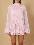 Chic Birthday Party Pink Pleates Ruffled Mini Dress for Women Strapless Design Shiny Fabric with Smock for Stylish Outings