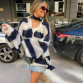 Fashion Striped Sweater Cardigan With Scarf Female Loose Thin Hollow Knitted Top Lantern Sleeve Contrast Color Retro Top