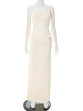 Spring Lace Long Dress Women's Solid Spaghetti Straps Backless See Through Long Dress Sexy High Waist Vintage Dresses