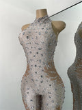 Women Sexy Spandex Rhinestones Sleeveless Tight Jumpsuit Celebrate Birthday Evening Club Rompers Photo Shoot Wear