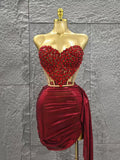Glamorous Sparkly Red Diamonds Sexy Tops Skirt 2 PCS Set 2025 Women Celebrate Party Birthday NightClub Performance Stage Outfit