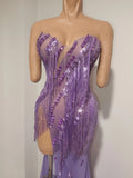 Sexy Sparkly Purple Diamond Tassel Strapless Mesh See Through Long Dress Birthday Evening Party Nightclub Bar DJ Show Stage Wear