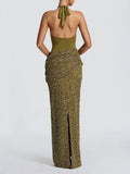 Glam Halter Cutout Maxi Dress for Women Solid Sleeveless Bodice Sequin Draped Wrap Skirt Back Slit for Evening Occasions
