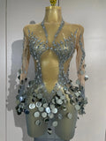 Luxury Silver Sparkly Diamonds Sequins Birthday Evening Party Nightclub Stage Wear Sexy Mesh See Through Long Sleeves Long Dress