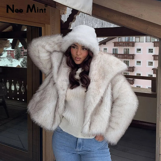Autumn Winter New Gradient Big Fur Collar Jacket Cool Street Girls Fluffy Cozy Faux Fur Coat Thick Wram Outerwear