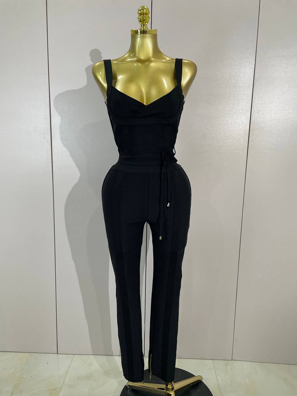 High Quality Sexy Black Halter Sleeveless Bodycom Bandage Jumpsuit Fashion Woman Evening Party Nightclub Performance Costumes