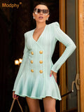 2026 New Spring Fashion Mint Color Women Lion Button Sexy V-neck A-Line Mini Rayon Bandage Dress Fashion Elegant Party Dresses
