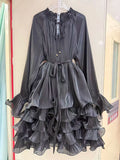 Ruffled Mock Neck Mini Dress for Women Tie Neck Long Sleeve Flare Cuff Self Tie Sash Waist Tiered Ruffle for Party Occasions