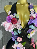 3D Floral Rhinestone Halter Maxi Bodysuit Dress Women Deep V Mesh See-Through Long Gown Carnival Rave Festival Performance Costume