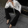Solid Loose Temperament Blouse for Women Lapel Long Sleeves Patchwork Lace Up Elegant Top Female Fashion Clothing