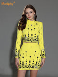 Two Piece Sets for Women Stand Collar Long Sleeve Spliced Diamonds Top High Wiast Mini Skirt Elegant Outfit Female