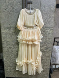 Elegant Chiffon Layered Ruffles Design Dress for Women Short Sleeves Waist Belt Spliced Diamonds Accent for Afternoon Tea
