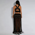 Women's Beach Style 2 Piece Set Sexy Strappy Top+Fringe Maxi Skirt Matching Set Summer Outfits Vacation Party Clubwear