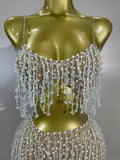 Luxury Diamond Beading Mesh Strap Top Skirt Two Pieces Set Women Evening Prom Birthday Celebrate Sexy Nightclub DJ Stage Costume