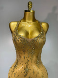 Sparkly Crystal Diamond Gold Sexy See-Through Sheath Dress Nightclub Performance Custome Stage Wear Birthday Evening Party Dress