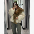 Vintage Faux Fur Trim Puffer Jacket Women Big Furry Collar Oversized Bubble Sleeve Warm Winter Coat Lady Winter Outerwear 2026