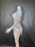 Sexy Skinny Leotard Singer Dancer Show StageWear Sparkly Blue Rhinestones Women DanceCostume Fringes One Shoulder Bodysuit  7G