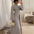 Chic Oriental Slim Long Dress Set Women Casual Stand Collar Full Sleeve Knot Button Slit Hem Suit Spring Lady Street Wears New