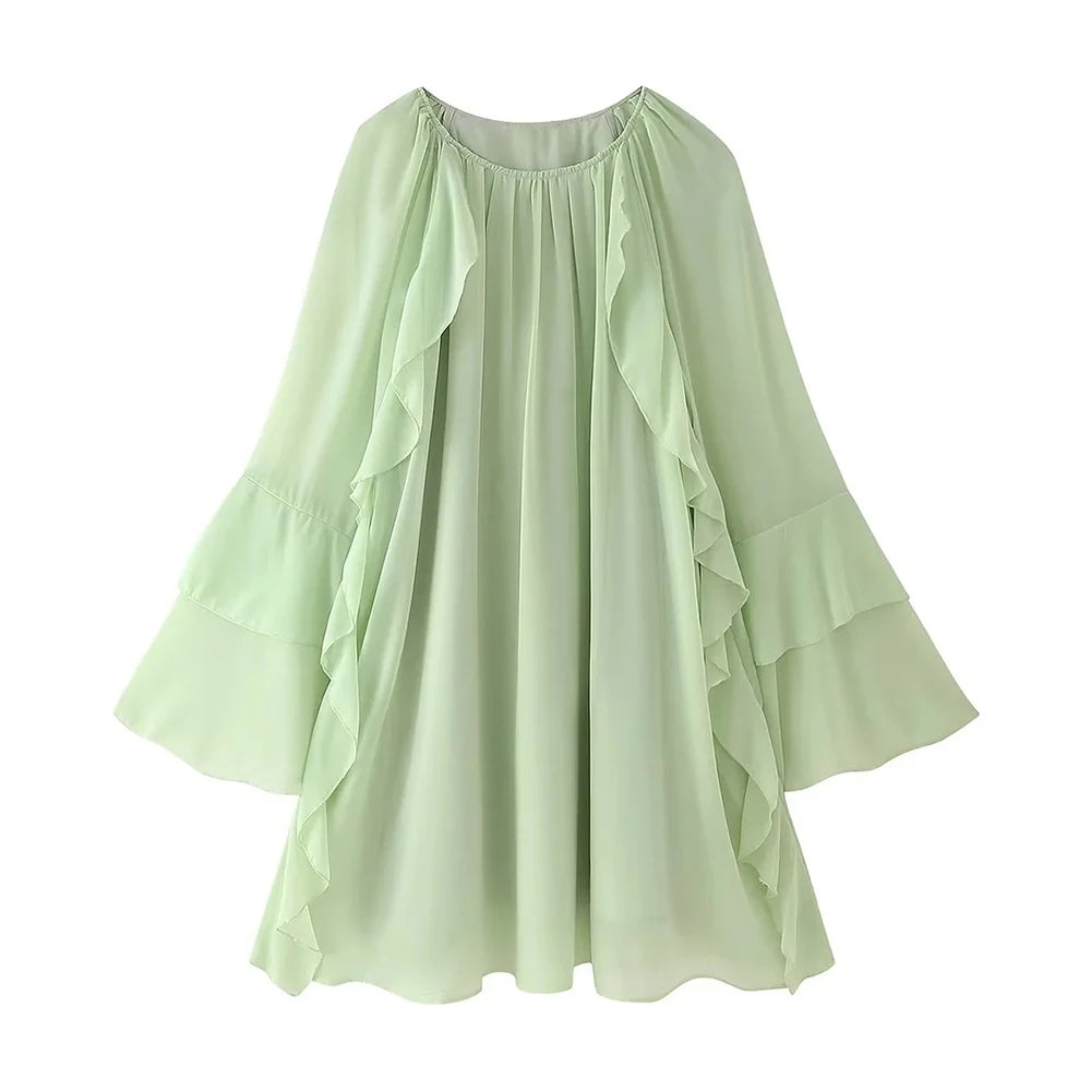 Solid Minimalist Mini Dresses For Women Round Neck Long Sleeve High Waist Elegant Dress Female Fashion New Style