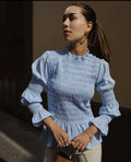 Solid Spliced Folds Slimming Blouses for Women O Neck Long Sleeve Temperament Minimalist Shirts Female New