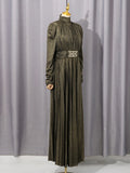 Solid Spliced Belt Slim Pleated Dresses For Women Turtleneck Long Sleeve High Waist Temperament Long Dress Female Clothes