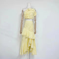 Elegant Pink Two Piece Set for Women Lace Trim Tube Top Asymmetrical Tiered Ruffles Midi Skirt Outfits for Beach Getaways