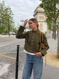 Green Napoleon Short Jeans Jacket Women's Chic Stand Collar Long Sleeve Zipper Crop Coat 2026 Lady Fall New Daily Street Outwear