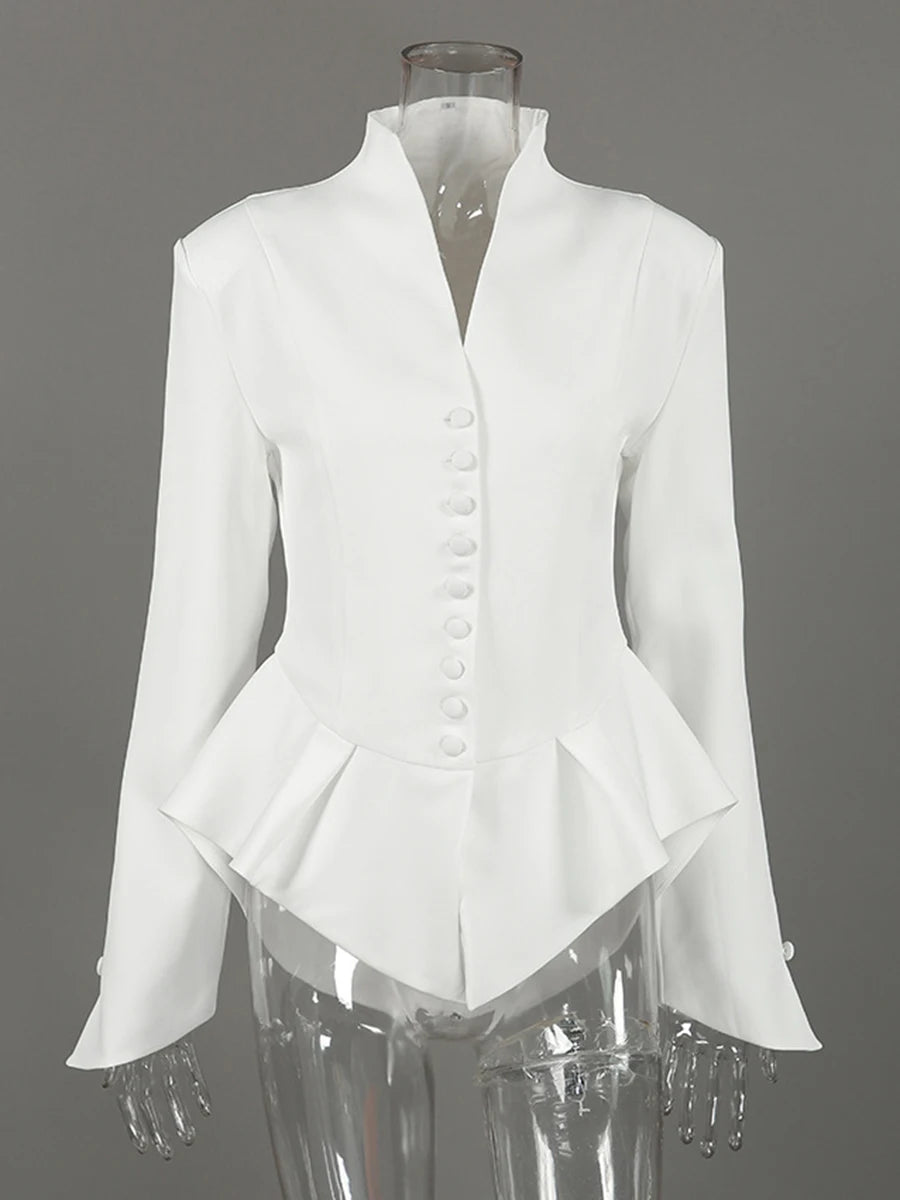 Elegant Folds Women Jackets Stand Collar Long Sleeve Single Breasted Fitted Jacket for Office Business Wear Fashion