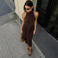 Halter Pleated Maxi Dress For Women Sleeveless Sexy Backless Dress High Street Evening Party Clothes Bodycon Fashion
