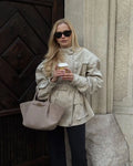 Women Oatmeal Soft Suede Stand Collar Snap Button Pocket Jackets Long Sleeve Coats Autumn Daily Office Party Chic Outerwear 2026