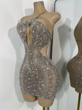 Sparkly Silver Rhinestones Mini Dress Luxury Women Sexy Mesh Hollow Out Celebrity Birthday Cocktail Dresses Performance Wear