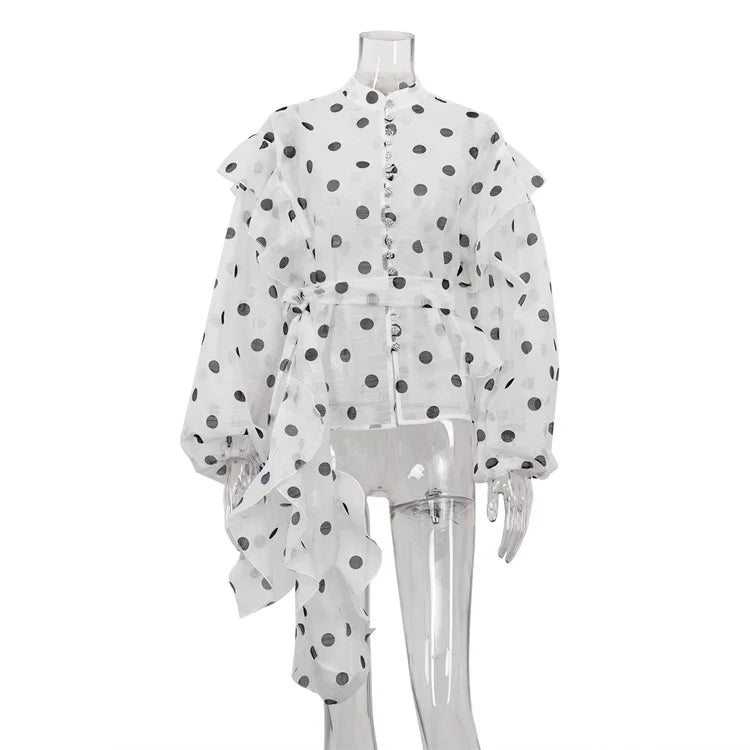 French Polka Dot Design Blouses for Women Stand Collar Long Sleeve Spliced Ruffled Vintage Shirt Female Autumn New