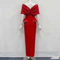 Elegant Off-the-Shoulder Beaded Bandage Evening Dress Diamond Embellished Backless Wrap Pleatd Split Bodycon Formal Party Gowns