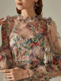 Patchworl Edible Tree Fungus Floral Dresses For Women Round Neck Long Sleeve High Waist Temperament Folds Mesh Dress Female
