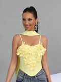 Sexy Splice Appliques Sling Fishbone Top With Ribbon Solid Flowers Backless Party Nightclub Birthday Bandage Tank Top