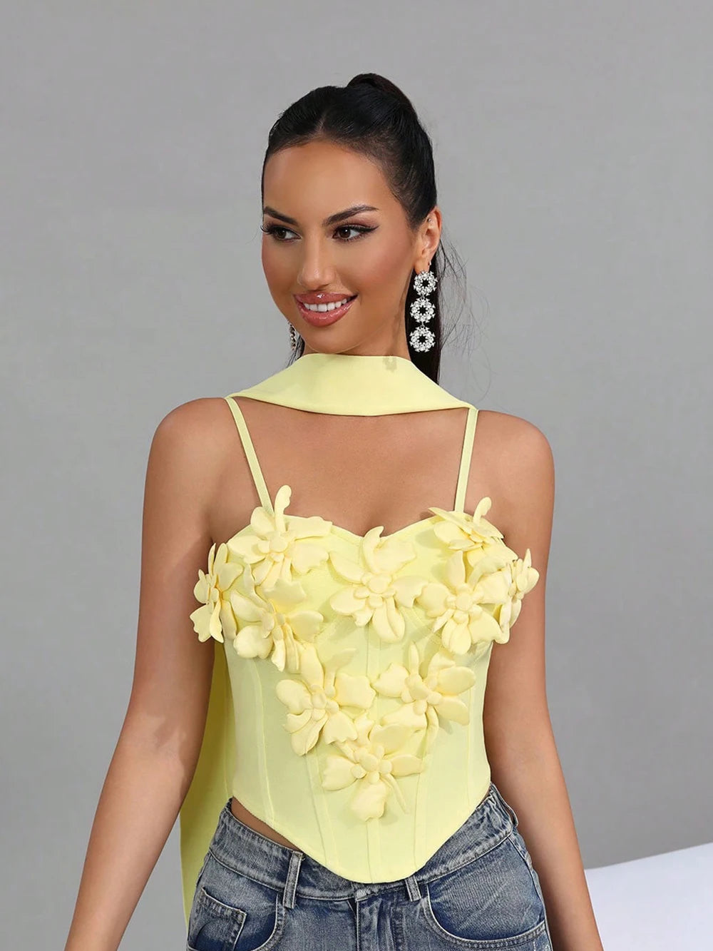 Sexy Splice Appliques Sling Fishbone Top With Ribbon Solid Flowers Backless Party Nightclub Birthday Bandage Tank Top