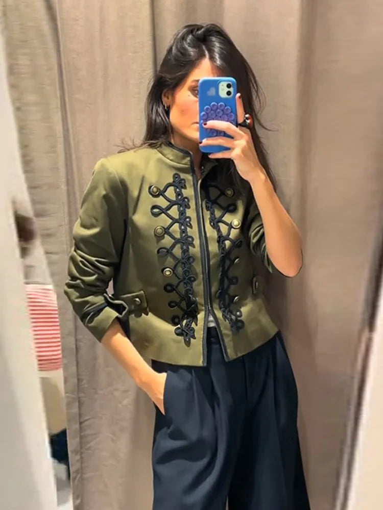 Women Woven Patchwork Napoleon Jacket Shoulder Pad Long Sleeve Hook Closure Street Blazer 2026 Spring Chic Casual Edgy Crop Coat