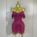 Women Birthday Party Nightclub Dancer Stage PhotoShoot Costume Sexy Sparkly Rhinestones Sequins Off The Shoulder Mesh Mini Dress