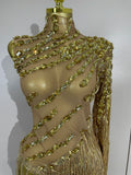 Sparkly Rhinestones Tassel Sexy See-Through Dress Women One Shoulder Latin Dance Outfits Bars Nightclub Party Stage Costume