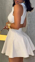 Women Stylish Short Skirts Metal Buckle Buttoned Formal Outwear Ladies Hollowed-out Lapel Shirt Party Evening A-Line Dress