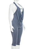 Sexy Swing Collar 2 Piece Set Women New Trend Hollow Halter Bandage Sleeveless Tank Top+Mid-Length Shorts Streetwear