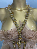 Sexy Shining Gold Crystal Transparent Wings Mini Dress 2025 Women Birthday Party Bar Nightclub Singer Stage Performance Costume