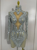 Sparkly Rhinestones Sexy Mesh Transparent Mini Dress Eveing Birthday Party Dance Nightclub Fashion Show Stage Costumes