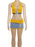 Tassel Color Blocking Knit Bandage Bow 2-Piece Set Women Halter Backless v-Neck Vest+Hollow Skirt Sexy Fashion Suit
